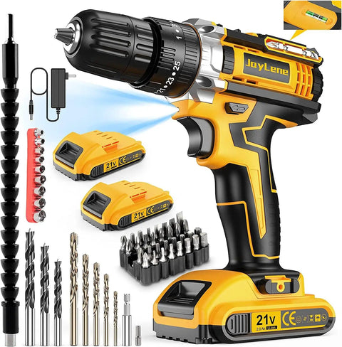 Power Up 21V Cordless Drill Kit With Two Batteries And Charger, 25+3 Torque Settings, LED work light, 26 accessories