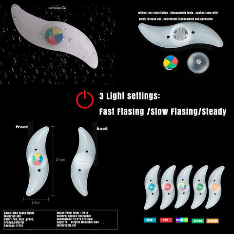 Colorful LED Bike Wheel Lights Set, 5 Pack Waterproof Spoke Lights With Easy Install, 3 Modes display.