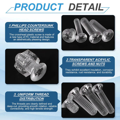 Rock Solid Clear Acrylic Bolts And Hex Nut Kit M4 X 6Mm Plastic Machine Screws showing countersunk heads and clear acrylic material.