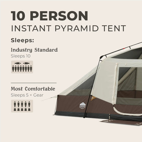 Ten Person Instant Cabin Tent With Built In Led Lighting And Pop Up Setup Large Lighted Camping Tent For Outdoor Adventures Glamping Or Backyard Use Includes Storage Pockets For Gear, side view with sleeping capacity details.