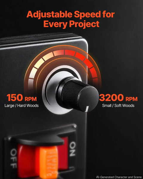 VEVOR Mini Benchtop Wood Lathe, 1/3 HP 8 X 13 Inch, Variable Speed 150 To 3200 RPM speed control dial for woodturning.