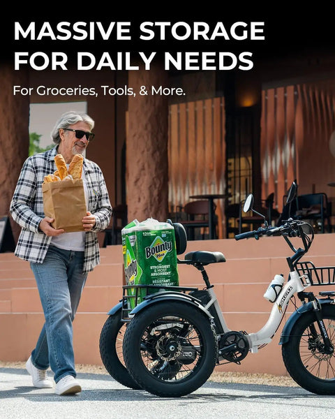 Beast Mode 750W Peak Fat Tire Electric Tricycle For Adults With Folding 20X4 Fat Tires, 48V 13Ah Battery, 50 Mile Range In PAS, UL Certified, Front And Rear Baskets, Differential, Ultra White with rear basket loaded with groceries