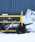 Heavy Duty 7 Inch Solid Tire For Generator And Welder Flat Free Rubber Wheel with anti slip grip beside a yellow generator in snow.