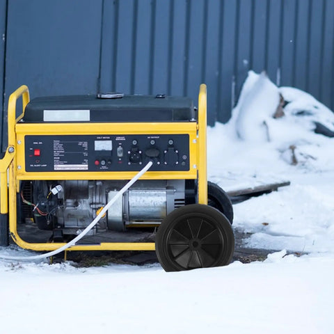Heavy Duty 7 Inch Solid Tire For Generator And Welder Flat Free Rubber Wheel with anti slip grip beside a yellow generator in snow.