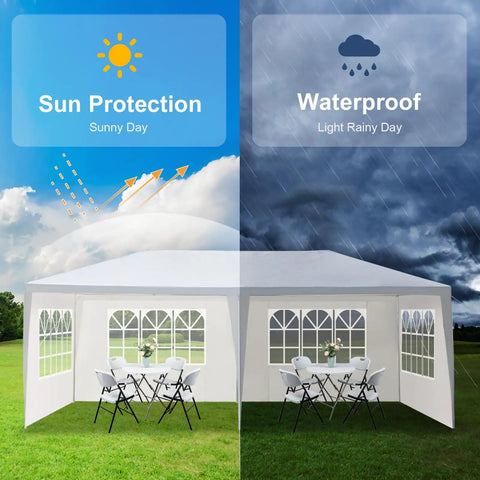 Outdoor Party Tent 10x20 Foot Canopy Gazebo With Removable Sidewalls showing sun protection and waterproof features
