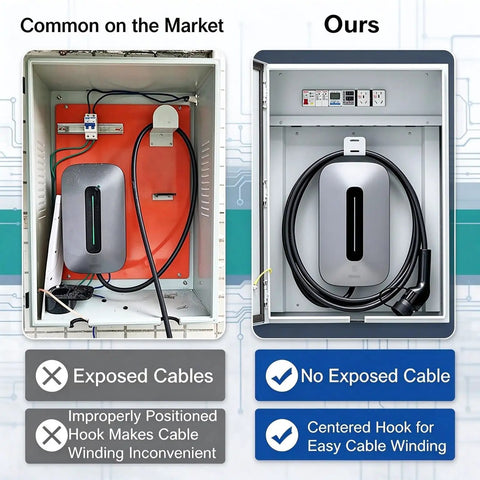 Heavy Duty Wall Mount EV Charger Enclosure Built Tough As Nails For All Season Exterior Use Featuring Rust Proof Steel Shell And Digital Combo Lock with organized cables.