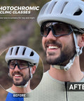 Cyclist wearing Dope Photochromic Cycling Glasses For Men And Women Mountain Bike Sunglasses With Lens That Darkens From Clear To Gray