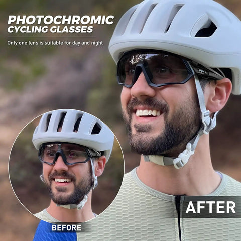 Cyclist wearing Dope Photochromic Cycling Glasses For Men And Women Mountain Bike Sunglasses With Lens That Darkens From Clear To Gray