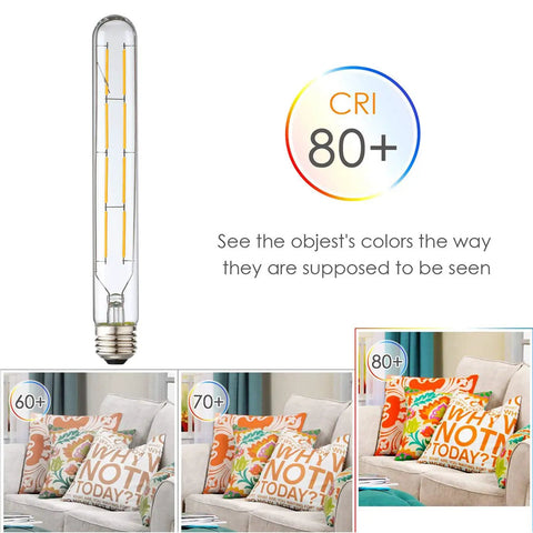 8W Dimmable T10 LED Tubular Bulb 8.9 Inch Long, 800 Lumens, CRI 80+ color display with comparison of color rendering on cushions.