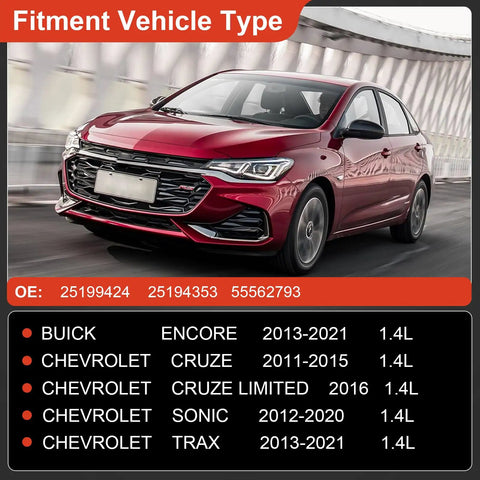 Red car representing suitable fitment for Oil Pump Assembly And Timing Chain Cover With Gasket For Chevy Cruze 2011 2015 Sonic 2012 2020 Trax 2013 2021 Buick Encore 1.4L 2013 2021 Replaces OE 25199424
