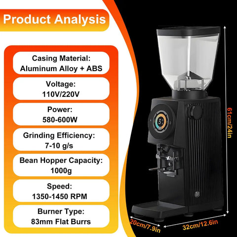 Boost Your Daily Grind Game With This Hardworking Flat Burr Espresso Coffee Bean Grinder showing aluminum alloy body and digital timer.