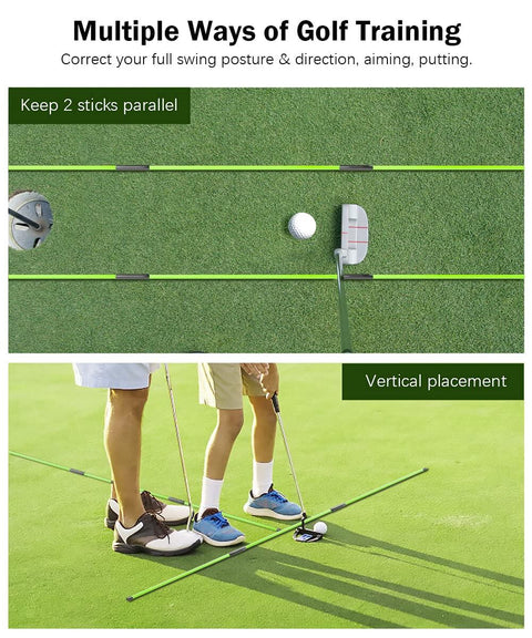 Golf Alignment Sticks 2 Pack, 48 Inch Swing Trainer For Practice And Putting, shown on grass with putter and golf ball.