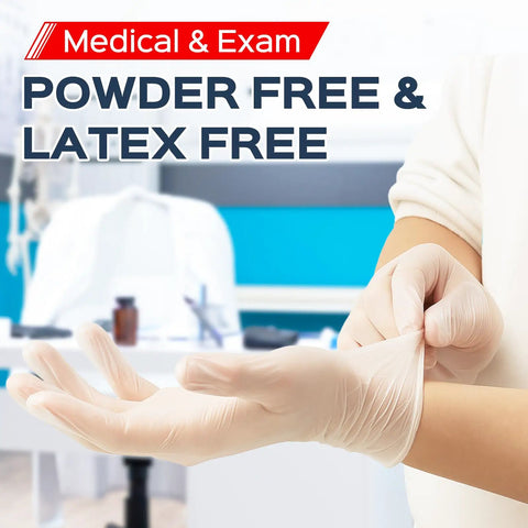Top Shelf Disposable Clear Vinyl Exam Gloves Medical Grade Xl 100 Count Pack Latex Free Powder Free Heavy Duty Safety Gear being worn.