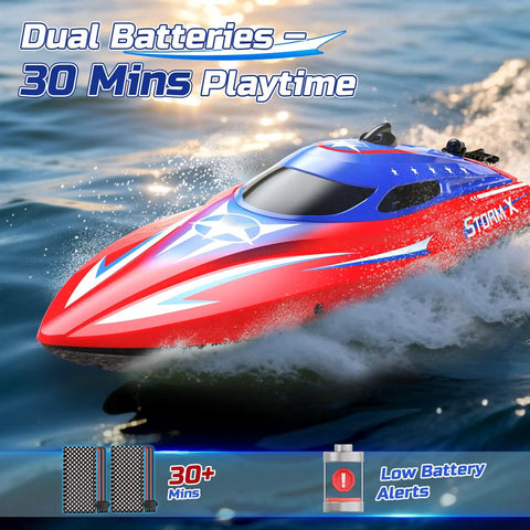 Full Proportional Remote Control Boat for Kids and Adults, 20MPH Plus High Speed Waterproof RC Boat, red and blue design on water