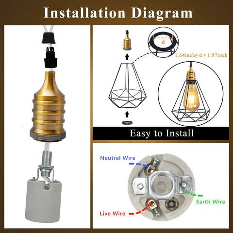 Installation diagram of Vintage E26 Lamp Socket For Edison Pendant Lighting, Dope Industrial Brass Socket Holder For DIY Fixtures