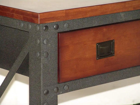 Close-up of 72x24 inch rolling workbench with solid hardwood top and steel frame, featuring a single drawer for home garage use.