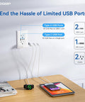 Plug And Play Twenty Amp Wall Outlet Featuring Three Usb Ports With Dual Type C Outputs Tamper Resistant Faceplate Including Matched Wall Plates Ul Certified Two Pack White Edition with devices charging.