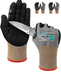 ANSI A7 Cut Resistant Gloves Set Three Pairs With Touchscreen Sandy Nitrile Coated Grips holding a knife