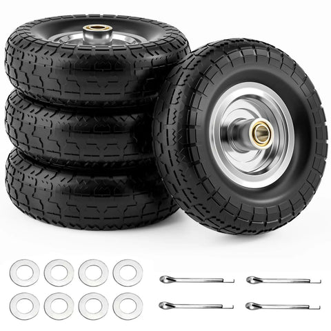 Flat Free 10 Inch Tire And Wheel Set For Wagons Carts Dollies And Garden Tools 4 Pack Puncture Proof Solid PU Foam Wheels display