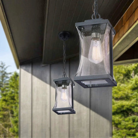 Outdoor Pendant Light Fixture For Porch And Front Door With Adjustable Chain And Air Bubble Glass Matte Black Farmhouse Exterior Lighting