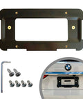 BMW Rear Bumper License Plate Bracket 2000 to 2026, plate holder kit with 6 screws and wrench, shown installed on vehicle.