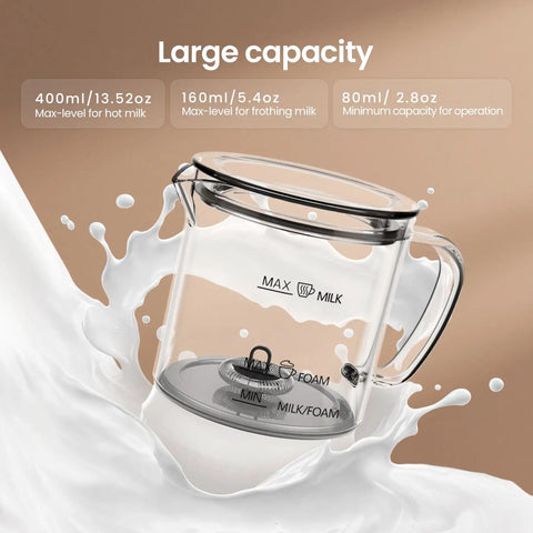 Image of 4 In 1 Milk Frother With Led Touch Screen And Ceramic Lined Bottom, 13.5 Oz Capacity for foaming, transparent glass.