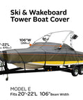 Heavy-duty boat cover for ski and wakeboard tower, fits 20'-22'L boats, 106" beam, weather-resistant, durable protection