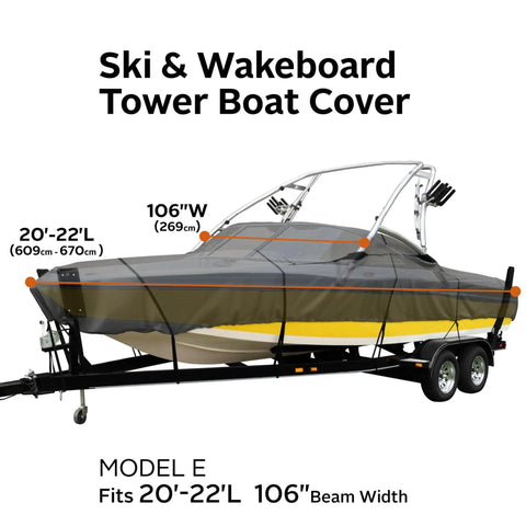 Heavy-duty boat cover for ski and wakeboard tower, fits 20'-22'L boats, 106" beam, weather-resistant, durable protection