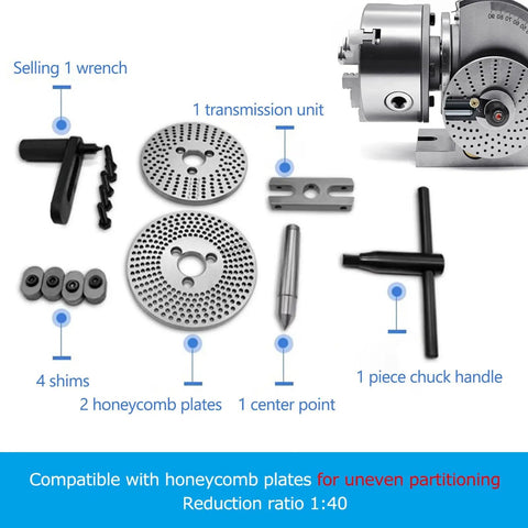 Built Tough Universal 3 Jaw Chuck Milling Indexing Head With Sweet Precision Rotary Table accessory set, 1:40 ratio with wrench, plates, and parts.