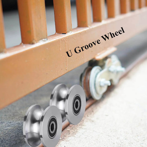 Stainless Steel U Groove Gate Roller Kit For Barn Doors Beefed Up Heavy Duty Cable Pulley Block With Bearing Quiet Smooth Sliding 4.8 cm Wheel U Shaped Rail Wheel Plate Caster For Gate Track System