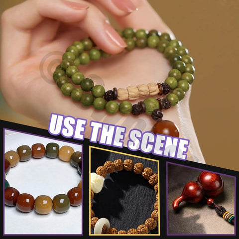 Hand wearing green bead bracelet with wooden accents; collage with colorful, round, and red beaded bracelets.