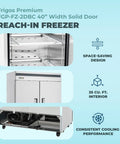 Pro Shop Grade 40 Inch Reach In Freezer Featuring Double Solid Doors And Adjustable Steel Shelves And 35 Cubic Feet Commercial Kitchen Frozen Storage Cabinet interior with stainless steel shelves.
