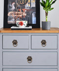 Gray dresser with two drawers featuring Vintage U Shaped Drop Ring Cabinet Handles Set Of 10 Iron Drawer Pulls For Wardrobe And Furniture Replacement Great For Dresser Kitchen Cupboard Doors Durable Iron Hardware, decorative photo, and plant on top.