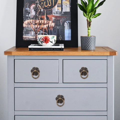 Gray dresser with two drawers featuring Vintage U Shaped Drop Ring Cabinet Handles Set Of 10 Iron Drawer Pulls For Wardrobe And Furniture Replacement Great For Dresser Kitchen Cupboard Doors Durable Iron Hardware, decorative photo, and plant on top.