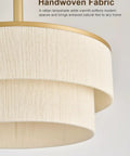 Close-up of the Boho Fandelier Ceiling Fan with Light, Gold Chandelier Fan and Remote showcasing handwoven white fabric shade.