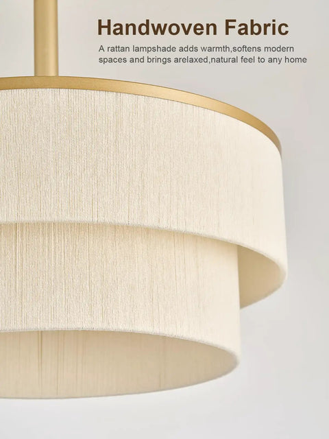 Close-up of the Boho Fandelier Ceiling Fan with Light, Gold Chandelier Fan and Remote showcasing handwoven white fabric shade.