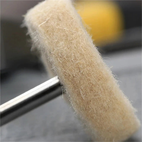 Close-up of the Pro Grade Wool Felt Polishing Wheel Kit 60 Pcs 25mm Buffing Wheels With 3mm Shank Showing Wool Texture