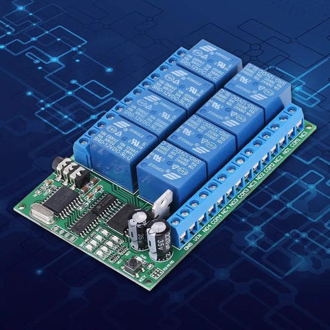 Eight Channel DTMF Relay Module For Phone Voice Control 12V DC Remote Switch Kit in blue on circuit board, 94x62x18mm.