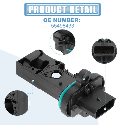 Mass Air Flow Sensor MAF Replacement For Chevrolet Cruze 1.4L L4 Gas 2016 2017 2018 2019 Drop In Fit Easy Install Plug And Play Airflow Meter With OE 55498433 product detail showing connectors and OE number 55498433