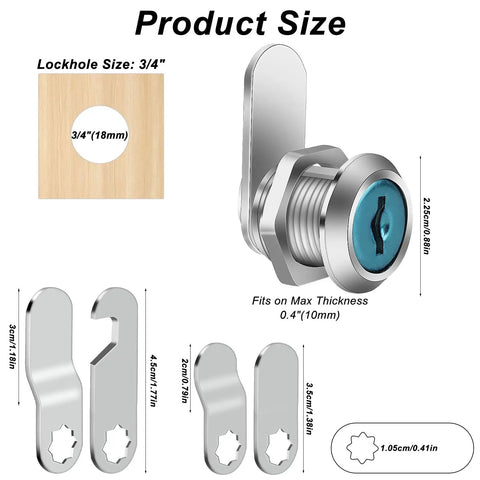 Tough 16 Mm Mailbox Lock With Four Swap Plates And Keyed Alike Build Forged From Solid Zinc Alloy showing size chart and lock details.