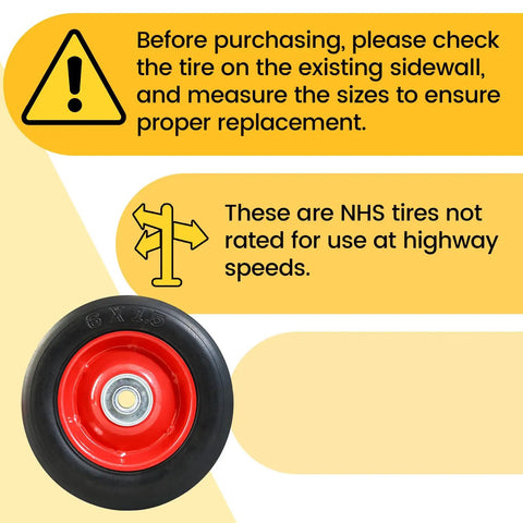 Warning label for 6 Inch By 1.5 Inch Flat Free Solid Rubber Tire And Wheel Assemblies Pack Of 2 Beefy Built Hand Truck Wheel