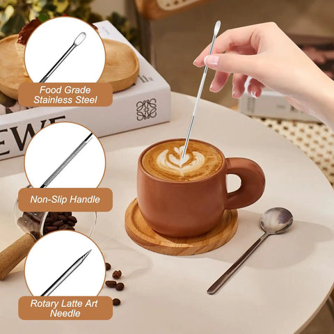 All-In-One 58mm Espresso Accessories Kit With Spring-Loaded Calibrated Tamper shown with latte art pen in coffee