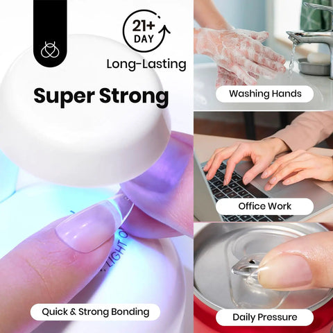 9 In 1 HEMA Free TPO Free Nail Glue Gel demonstrating long-lasting strength during daily tasks and UV curing.