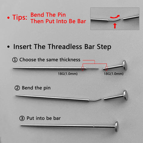 Instruction steps for using Titanium Threadless Piercing Tapers Set 16G 18G 20G with Curved and Straight Insertion Pins for piercing.