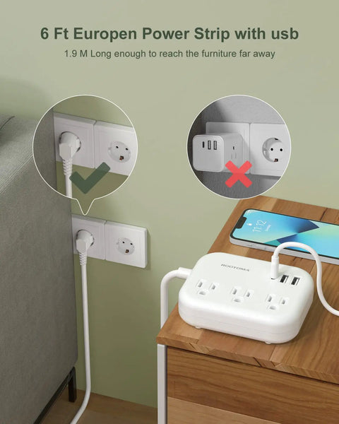 Six Foot European Travel Power Strip With Three US Outlets And Three USB Ports, US To Europe Plug Adapter, White on desk