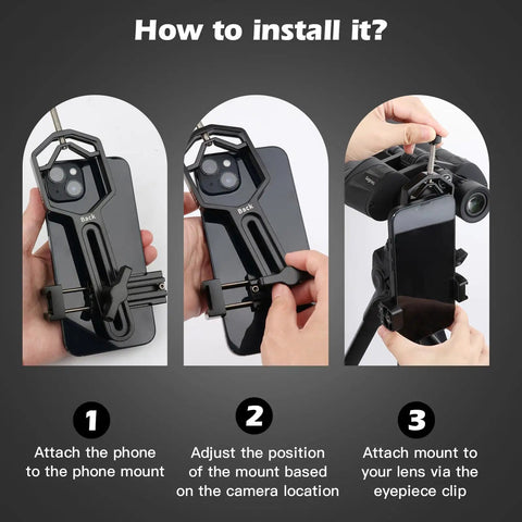 Instructions for Universal Telescope Phone Adapter Mount installation on eyepieces with phone holder attachment.