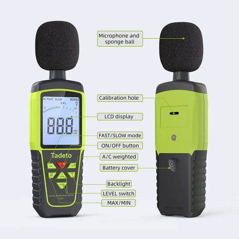 Portable Decibel Meter With 30 To 130 dB Range, 5 Measurement Modes, Backlit LCD Display, MAX MIN Readouts, Audible And Visual Alarms