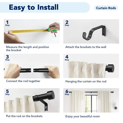 Step-by-step installation guide for Two Pack Adjustable Curtain Rods 32 To 60 Inches, 1 Inch Black Heavy Duty Drapery Rod Set.