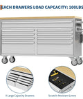 61 Inch Rolling Tool Chest with 9 Drawers, solid rubber wood top, locking wheels and keyed lock, garage tool cabinet.