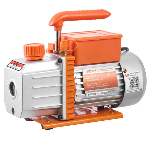 AC Vacuum Pump With Gauge Set 4.5 CFM One Third HP Single Stage Rotary Vane HVAC Kit And Manifold Gauge For R134a R22 R410a R1234YF R32 With Carry Bag For Auto Air Conditioning DIY Friendly, orange and silver body